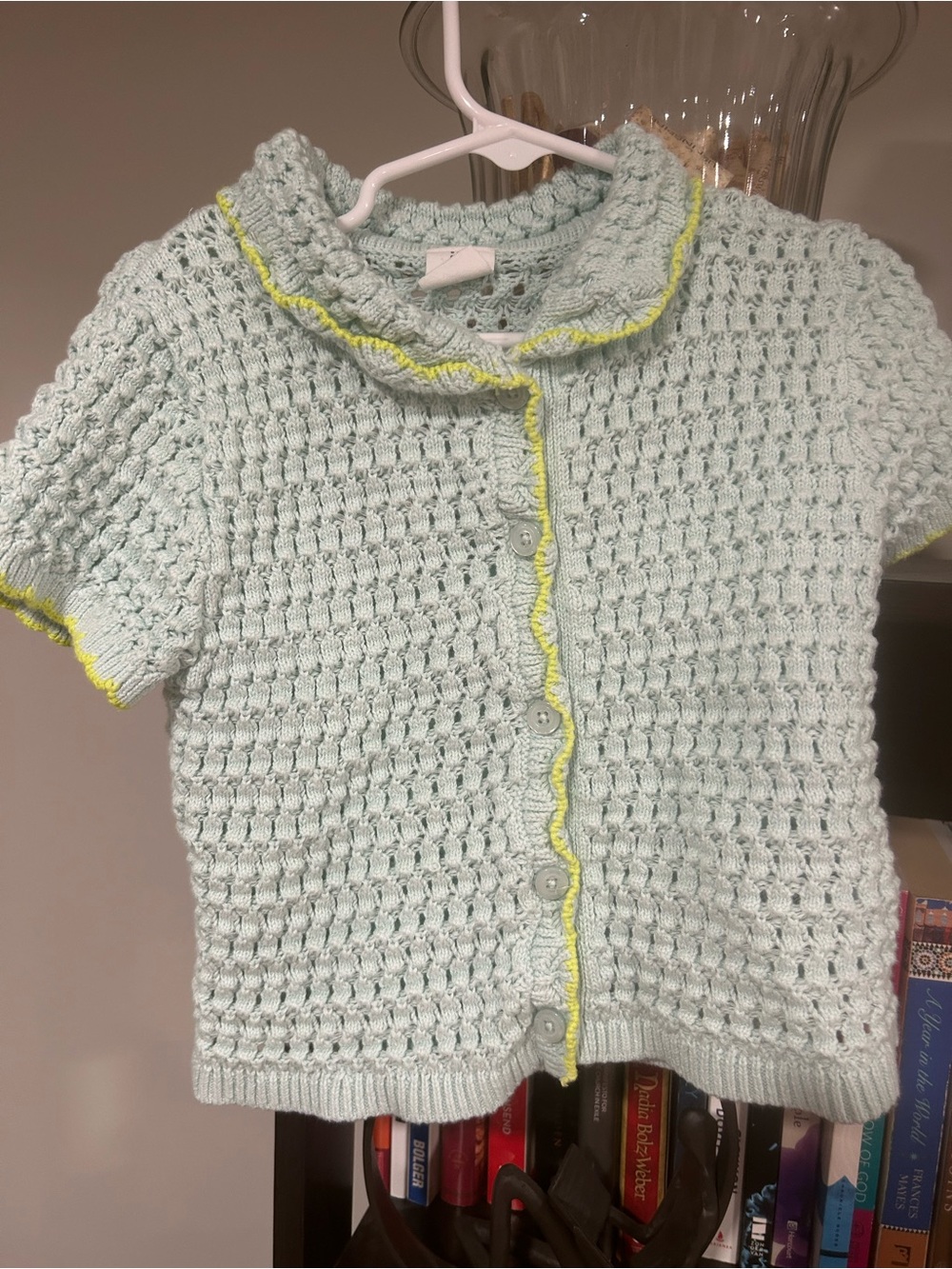 GAP Mint Green Crochet Button-Up Top with Yellow Trim